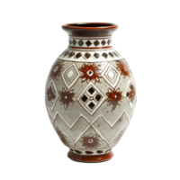 Elegant brown and white designed vase showcasing intricate floral and geometric patterns, vase with a brown and white design on it, Transparent background png