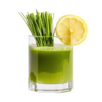 Refreshing wheat grass juice with lemon slice served in a clear glass on a Transparent background, Wheat grass juice with lemon slice in glass on background png