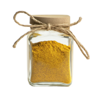 Bright yellow powder in a transparent glass jar tied with twine situated on a plain surface, Transparent Glass Jar Filled with Bright Yellow Powder Secured With Brown Rope, Transparent background png