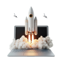 Rocket launch emerging from laptop symbolizes business innovation and technology advancement, Transparent background rocket launch with laptop, business concept idea or start up success png