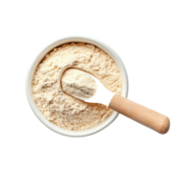 Whey protein powder in a bowl with a wooden spoon on a clean Transparent background, whey protein in a bowlisolated on background png