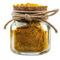 Bright yellow powder in a transparent glass jar with a natural cork lid displayed on a neutral background, Transparent Glass Jar Filled with Bright Yellow Powder Secured With Brown Rope png