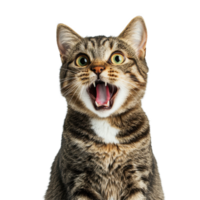 Startled tabby cat with open mouth and alert expression in bright studio setting, Startled Tabby Cat with Open Mouth and Alert Expression or scared cat, Transparent background png