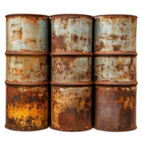 Rusty old metal barrels stacked together on a Transparent background showcasing their weathered texture, rusty old metal barrels isolated on png