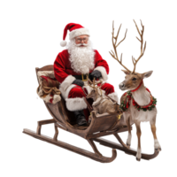 Santa Claus enjoys Christmas with reindeer and sleigh in a festive winter setting, Santa Claus with Reindeer and Sleigh Christmas Theme on Transparent background, background png