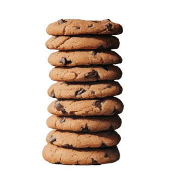 Stack of fresh chocolate chip cookies offering a tempting treat in a simple rustic setting, Stack cookies png