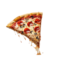 Delicious slice of pizza tossed in the air against a Transparent background with cheese and toppings flying around, slice pizza being tossed into the air, png