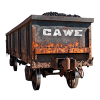 Rusty old train cart with coal prominently displayed in weathered condition on railway tracks, rusty old train cart with coal written on it, Transparent background png