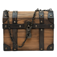 Wooden chest secured with a lock and chain resting on a Transparent background for artistic display, wooden chest with a lock and a chain, background png