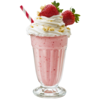 Delicious strawberry milk shake with whipped cream and fresh strawberries on Transparent background, strawberry milk shake, png