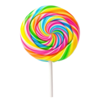 Colorful large round lollipop with vibrant swirls stands isolated on a Transparent background, round colorful large lollipopisolated on backgroundbackground png