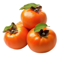 Fresh ripe persimmons stacked on a Transparent background showcasing vibrant orange color and green leaves, Rpe persimmons isolated on background png