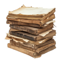 Old worn books stacked together with torn pages resting on a Transparent background, stack old books with a few pages torn off, background png