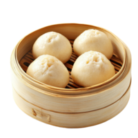 Steamed custard buns in a bamboo basket ready for serving and enjoying at a dim sum meal, Steamed stuff custard bun in bamboo basket isolated on Transparent background, background png