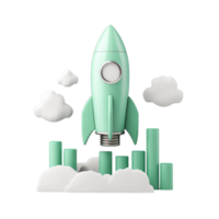 Cute green rocket launching among playful clouds and colorful bars on a bright Transparent background, background cute green rocket launch with a bar graph on a transparent png