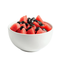 Fresh watermelon seeds and juicy chunks in a white bowl isolated on bright background, watermelon seed in white bowl isolated on Transparent background png