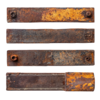 Rusty metal plates isolated on a Transparent background showcasing varied textures and colors in a simple composition, rusty metal plates isolated on png