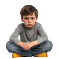 Sad boy expressing frustration while sitting on the floor in casual clothing, showing signs of feeling unwell, sad kid boy in a bad mood or sick and has problems, file of isolated object on White png