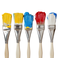 Brightly colored paint brushes lined up ready for artistic expression on a clean white surface, row paint brushes with different colors paint, Transparent background png