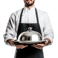 Waiter presenting a stainless steel cloche in a clean, bright setting ready for a meal service, Waiter with Stainless Steel Cloche isolated on Transparent background, background png