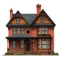 This stunning vintage d rendering displays a red brick Victorian house with ornate features, Vintage D Rendering a Red Brick Victorian House with Wooden Shingles and Windows, Transparent background png