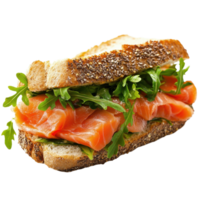 Delicious salmon fillet sandwich with fresh arugula on whole grain bread, Salmon fillet sandwich isolated on Transparent background, background png