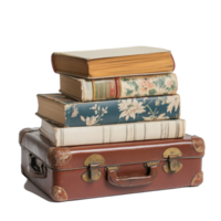 Vintage books stacked on an old suitcase against a Transparent background, stack books sitting on top a suitcase, background png