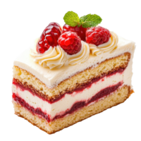 Delicious sponge cake with raspberry topping and cream on a Transparent background, sponge cake food isolated on background png