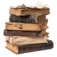 Stack of worn old books with torn pages on a Transparent background showcasing age and history, stack old books with a few pages torn off, background png