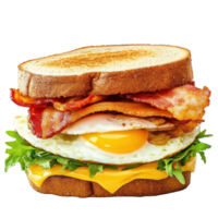 Delicious sandwich featuring crispy bacon, melted cheese, and a fried egg on toasted bread, Sandwich with bacon, cheese and egg on a Transparent background, background png