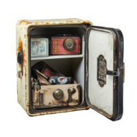 Vintage safe box filled with assorted items and treasures on a Transparent background, safe box with a bunch items inside, background png