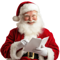 Santa Claus smiles while reading his gift list during the festive holiday season, Santa claus smiling when reading gift list on Transparent background, background png