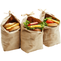 Sack lunches arranged on a Transparent background ready for a picnic or lunch outing with fresh ingredients, Sack lunches, background png