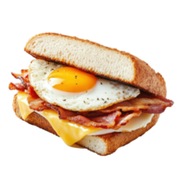Delicious breakfast sandwich with bacon, cheese, and egg on toasted bread isolated on Transparent background, Sandwich with bacon, cheese and egg isolated on png