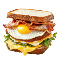 Bacon, cheese, and egg sandwich served on whole grain bread with fresh greens and a sunny-side-up egg, Sandwich with bacon, cheese and egg on a Transparent background, background png