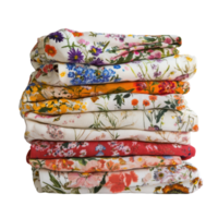 Beautifully folded stack of floral cloths showcasing vibrant colors and intricate patterns in a tidy arrangement, stack folded folded cloths with flowers on them, Transparent background png