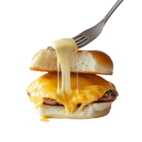 Sandwich with melted cheese and sauce being enjoyed with a fork at a cozy eating spot, sandwich with cheese and sauce being eaten with a fork, Transparent background, background png