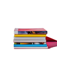 Stack of colorful magazines on a pink surface against a Transparent background showcasing modern design elements, stack magazines on a pink surface, png
