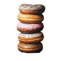 Deliciously stacked donuts on a wooden table with colorful toppings and frosting, Stack Donuts png