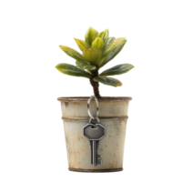 Small potted plant with a key attached in a rustic pot for home decor or gardening inspiration, small potted plant with a key attached to it, Transparent background png
