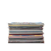 Old magazines stacked neatly on a red table against a Transparent background, stack old magazines on a red table png
