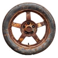 Rusted car wheel with visible spokes against a Transparent background highlighting its weathered condition, Rusted Car Wheel with Visible Spokes, background png