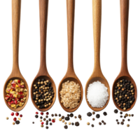 Various spices and salts displayed in wooden spoons arranged on a Transparent background, spoons with different pepper and salt isolated on white, top view with png