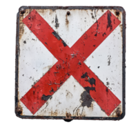 Old battered sign with a bold red cross marking an abandoned site in a neglected area, X-Marked Object Interest An Old Battered Sign with a Red X on the Left, Transparent background png