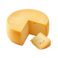 ronde Gouda kaas met een stuk besnoeiing uit, tonen romig structuur en helder geel kleur tegen een transparant achtergrond, ronde Gouda kaas met stuk geïsoleerd Aan achtergrond png