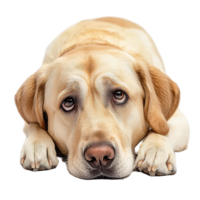 Sad Labrador retriever with gentle eyes resting on a white surface expressing deep emotion, Sad Labrador retriever on Transparent background png