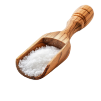 Wooden scoop filled with salt on a Transparent background showcasing culinary essentials, Salt in wooden scoopisolated on background png