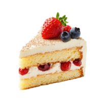 Delicious sponge cake slice topped with fresh berries on a white surface, Sponge cake isolated on Transparent background, background png