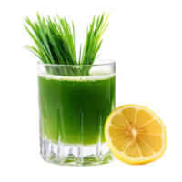 Refreshing wheat grass juice with a lemon slice served in a clear glass on a Transparent background, Wheat grass juice with lemon slice in glass on background png