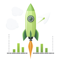 Cute green rocket launch with bar graphs and a Transparent background set in a playful design style, background cute green rocket launch with a bar graph on a transparent png